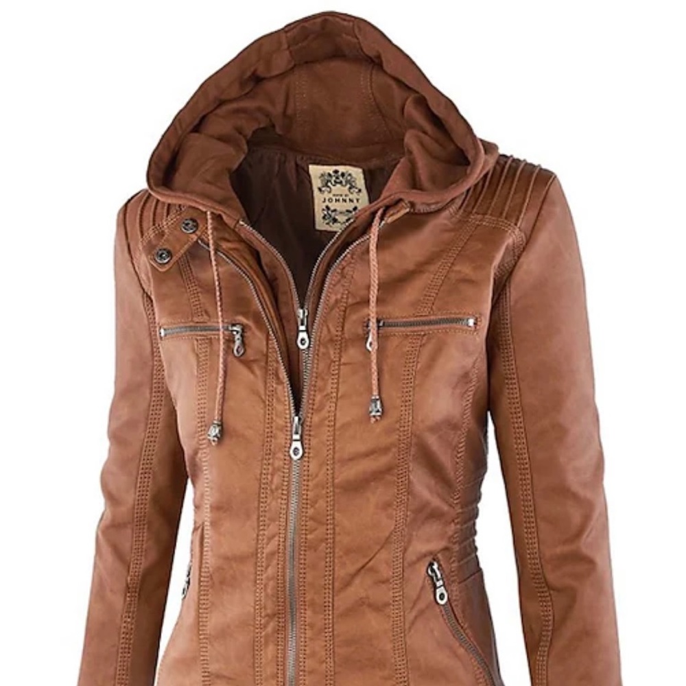Faux Brown Leather Bomber Jacket - Size Small